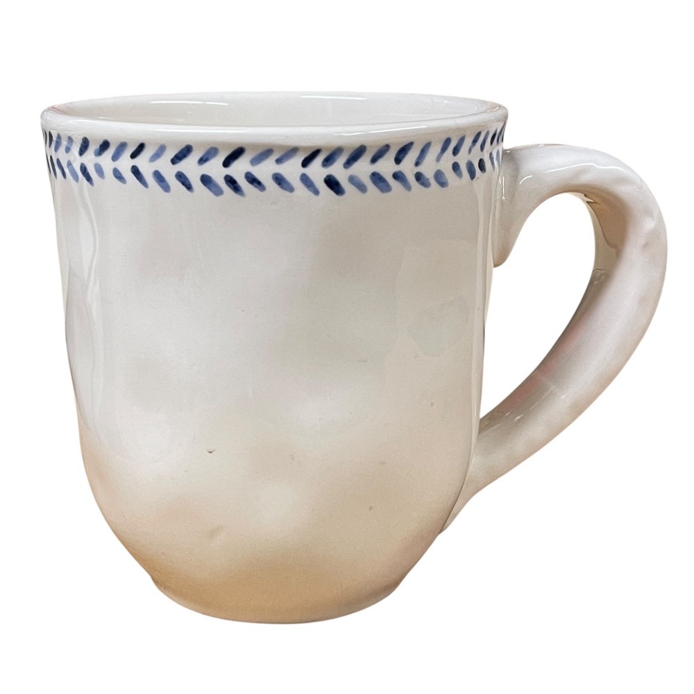 PIER 1 Blue trim on White Ceramic Mug thumbprint pattern terrific quality weight
